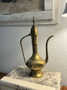 Vintage Hand Etched Brass Genie Bottle Teapot Pitcher 11” Tall